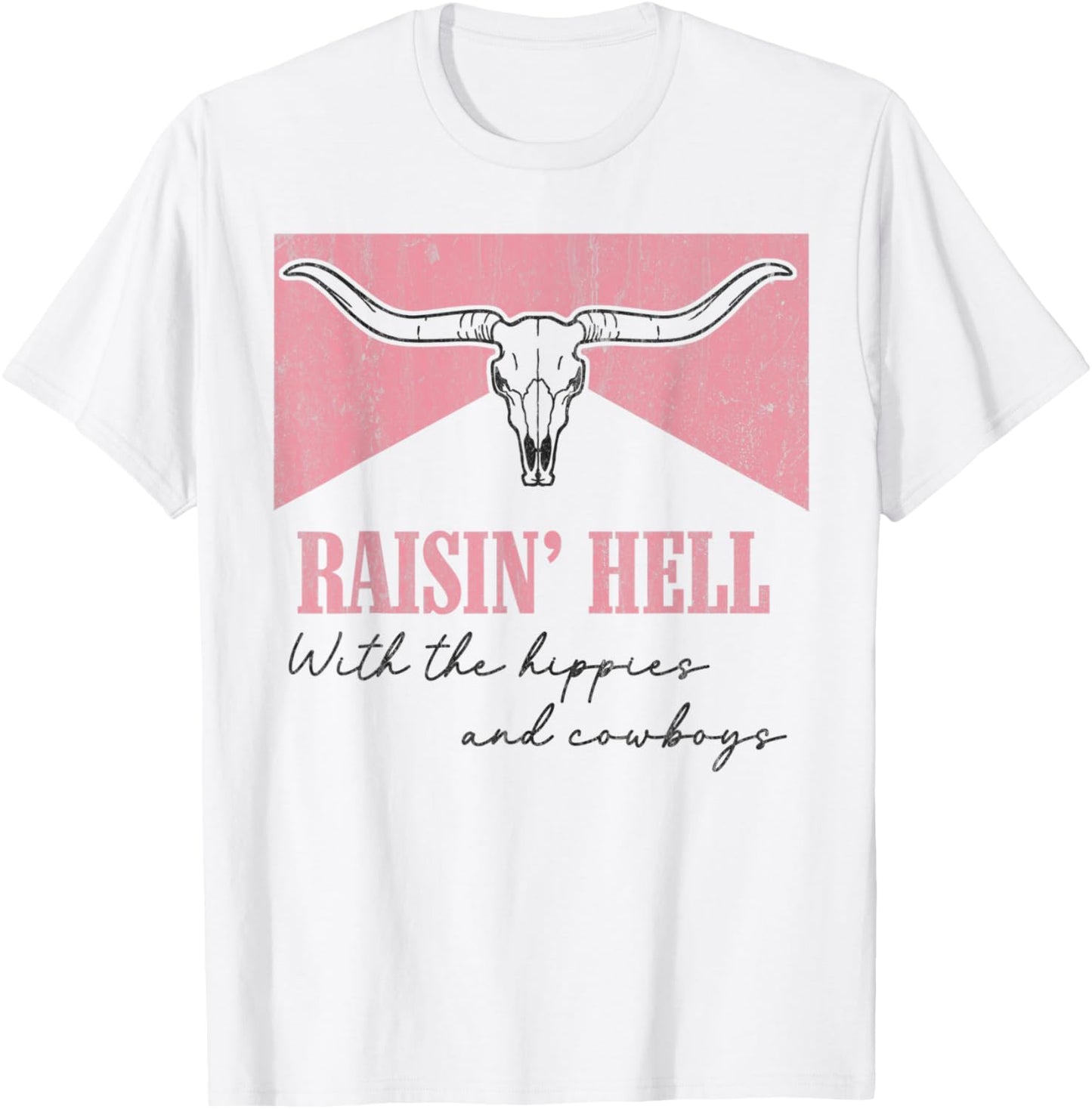 Vintage Raisin' Hell With The Hippies And Cowboys Bull Skull T-Shirt - T-Shirt | White