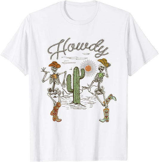 Skeleton Dancing Howdy Skeleton Cowboy Boots Hat T-Shirt - T-Shirt | White