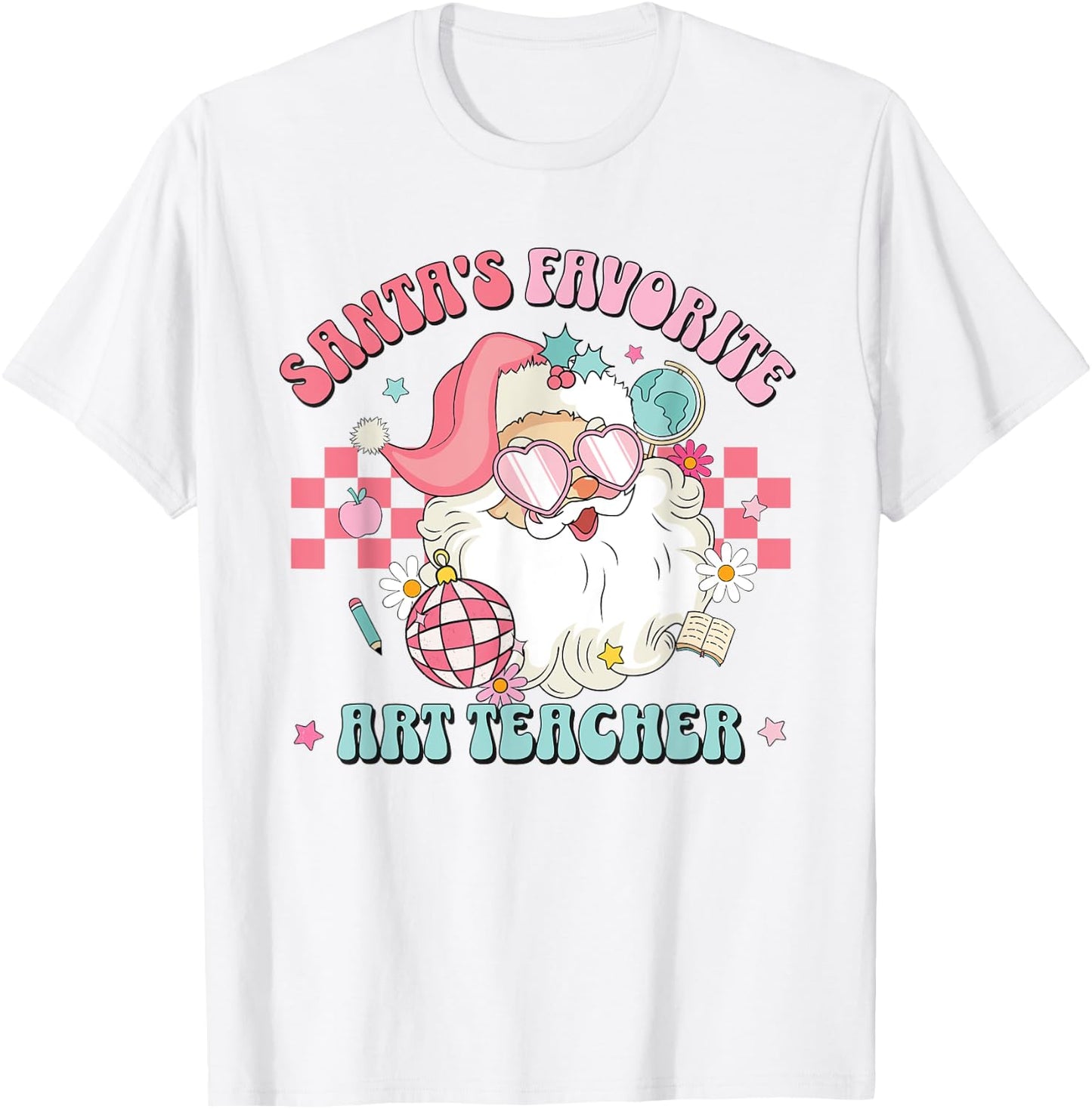 Retro Pink Christmas Santa's Favorite Art Teacher Artist T-Shirt - T-Shirt | White