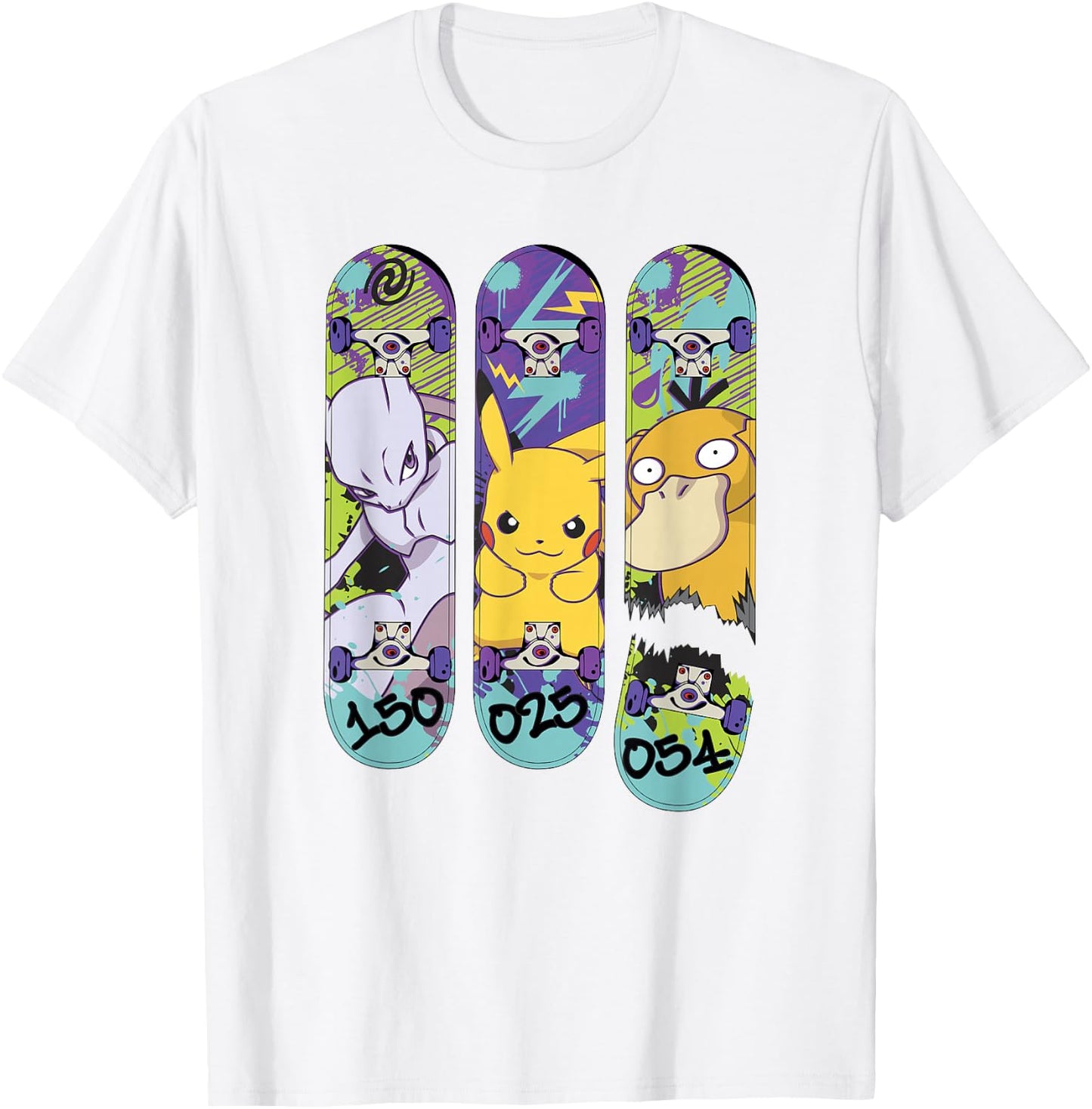 Pokémon Mewtwo Pikachu Psyduck Generation 1 Skateboards T-Shirt - T-Shirt | White