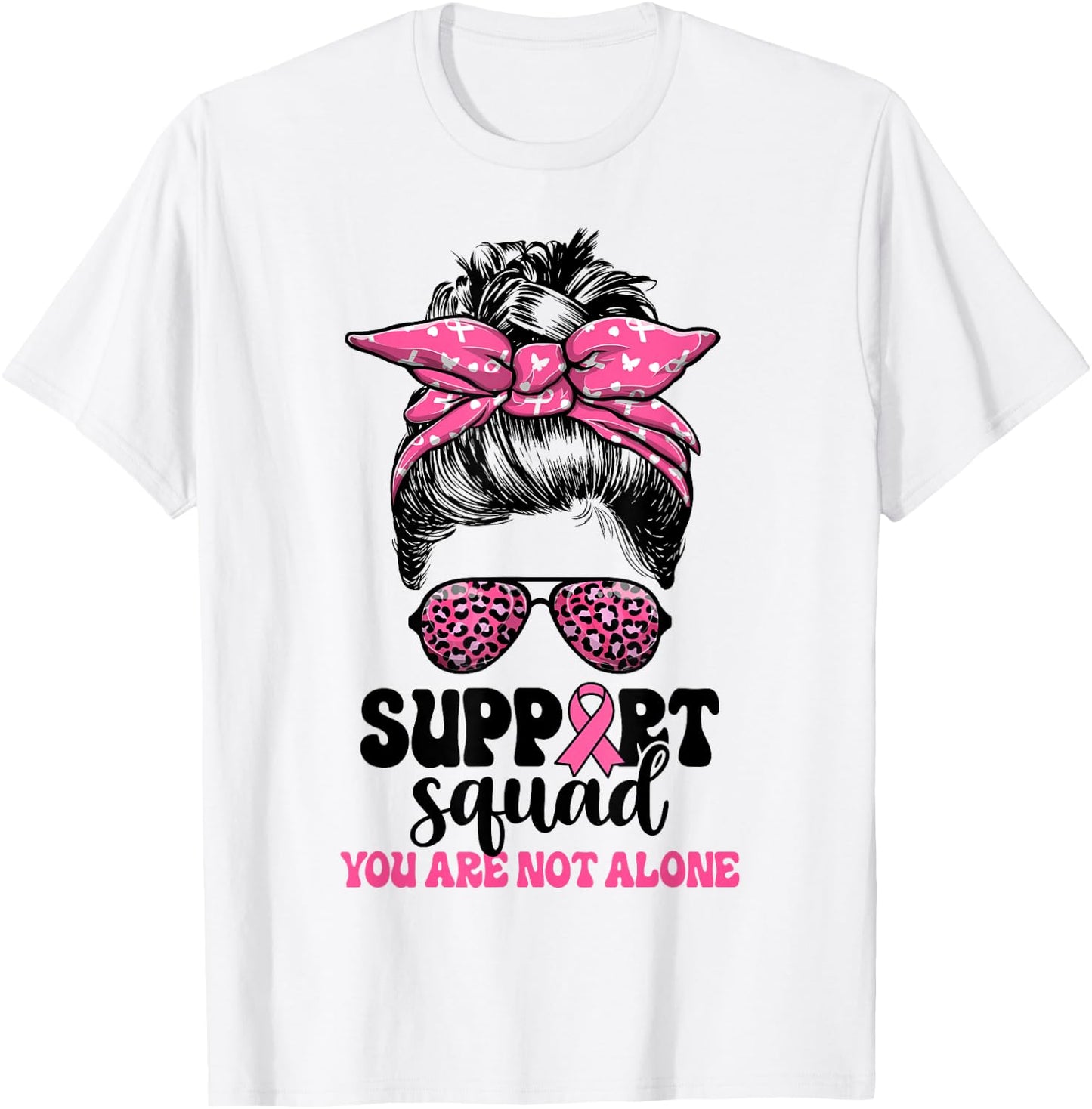 Support Squad Messy Bun Pink Warrior Breast Cancer Awareness T-Shirt - T-Shirt | White