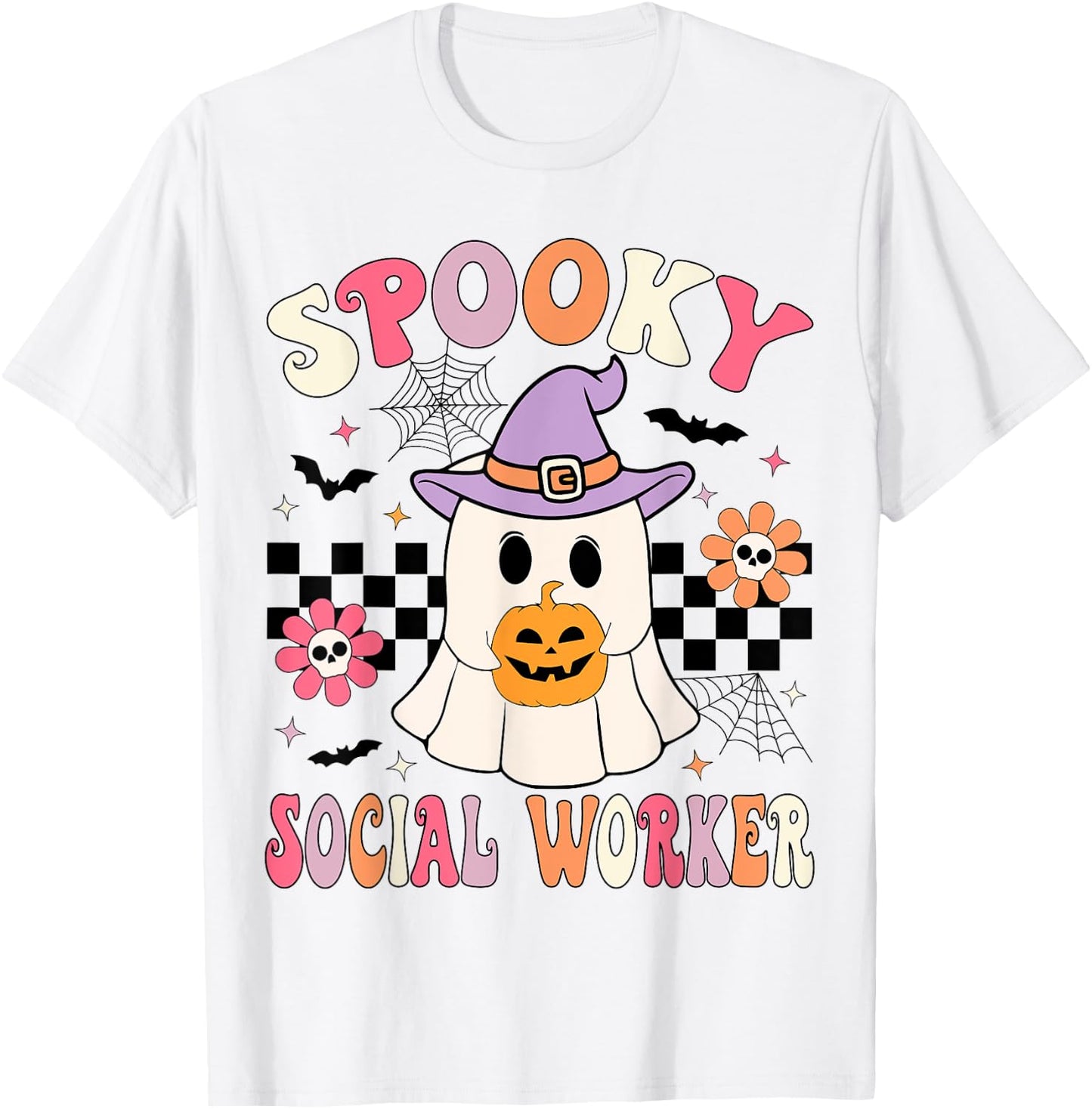 Groovy Spooky Social Worker Halloween Social Worker Ghost T-Shirt - T-Shirt | White