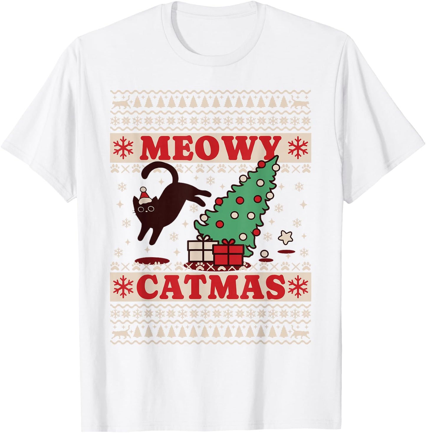 Meowy Catmas, Ugly Christmas Sweater, Cat Christmas T-Shirt - T-Shirt | White