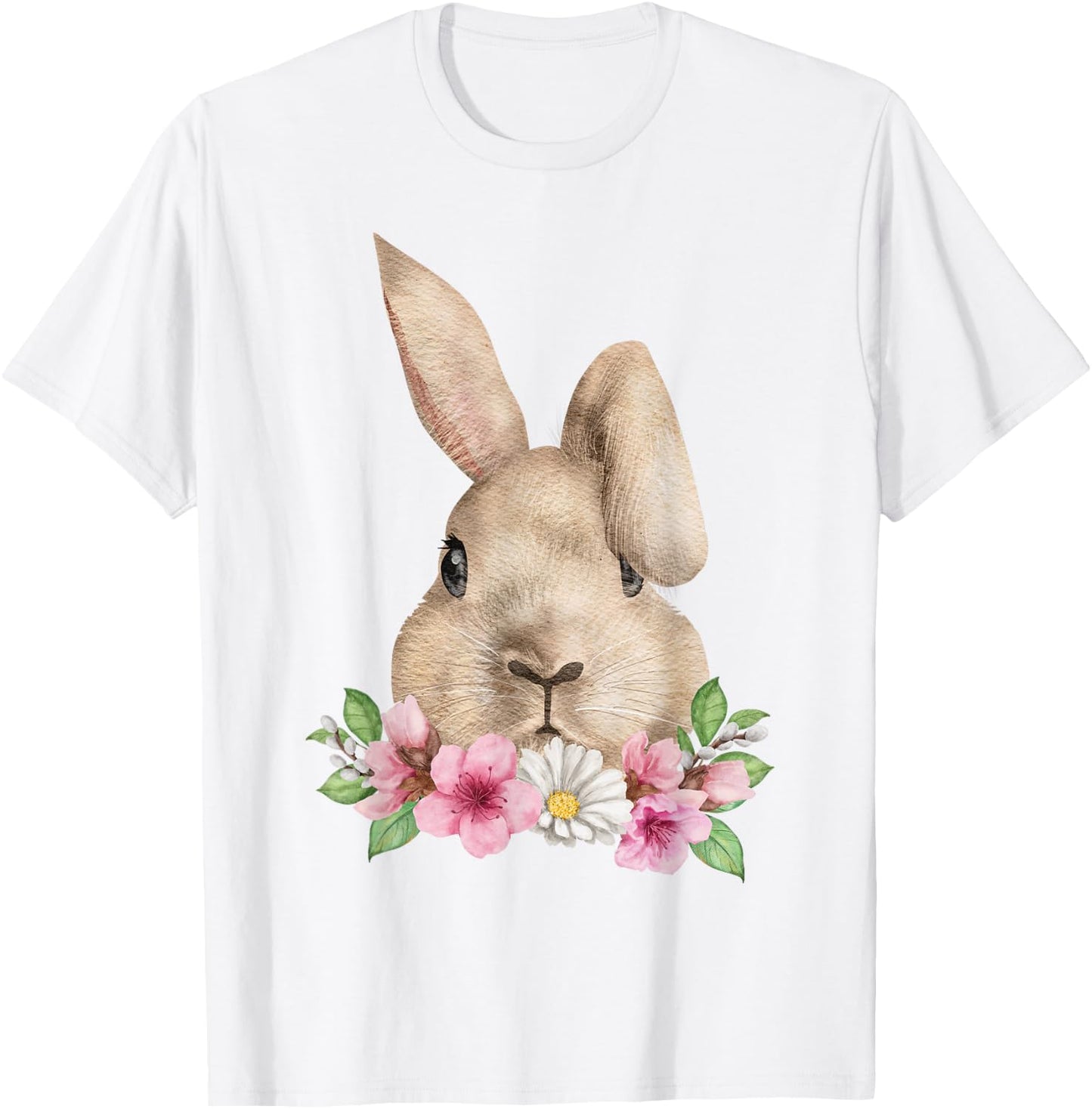 Bunny Head with Flowers Watercolor Easter Rabbit T-Shirt - T-Shirt | White