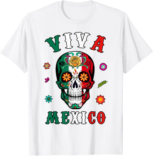 Viva Mexico-Shirt Mexican Flag Skull Women Men Boy Outfit T-Shirt - T-Shirt | White