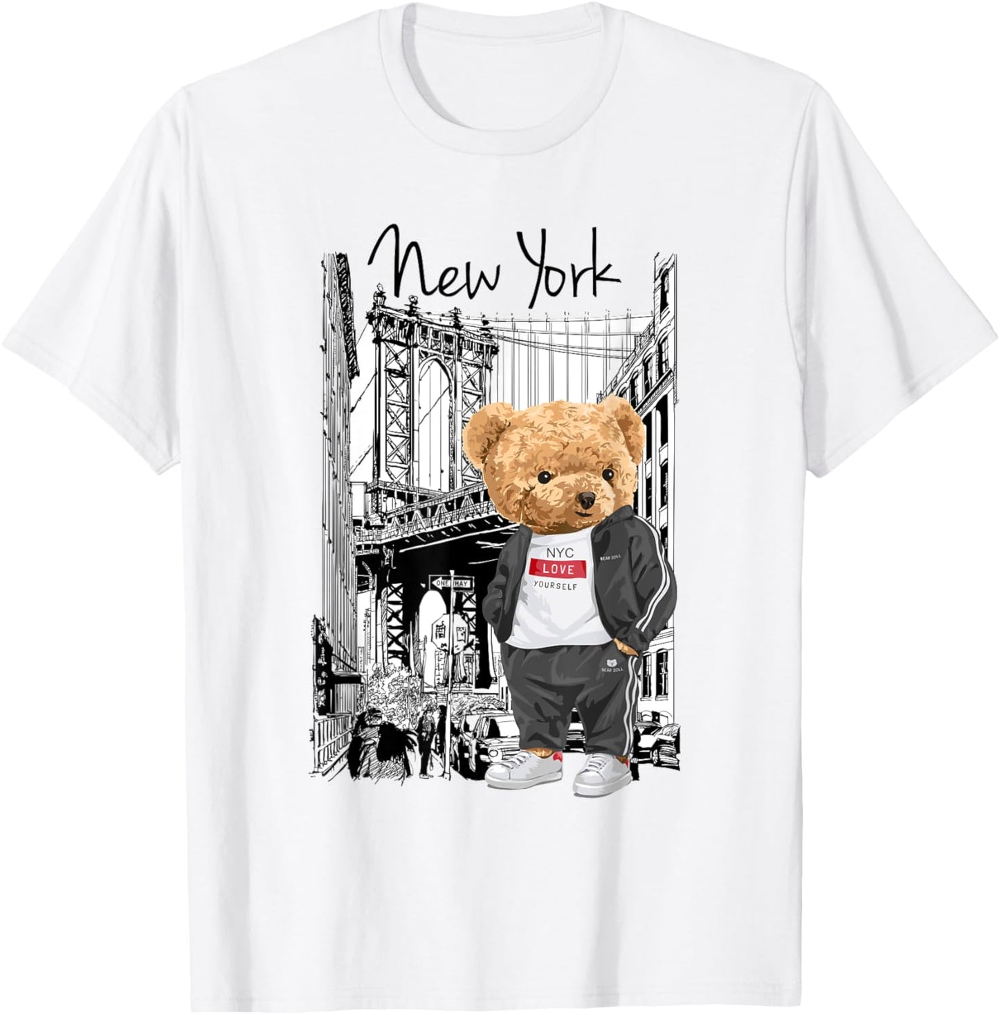 Bahaa's -Kids Grey Cartoon Teddy Bear NYC Graphic T-Shirt - T-Shirt | White