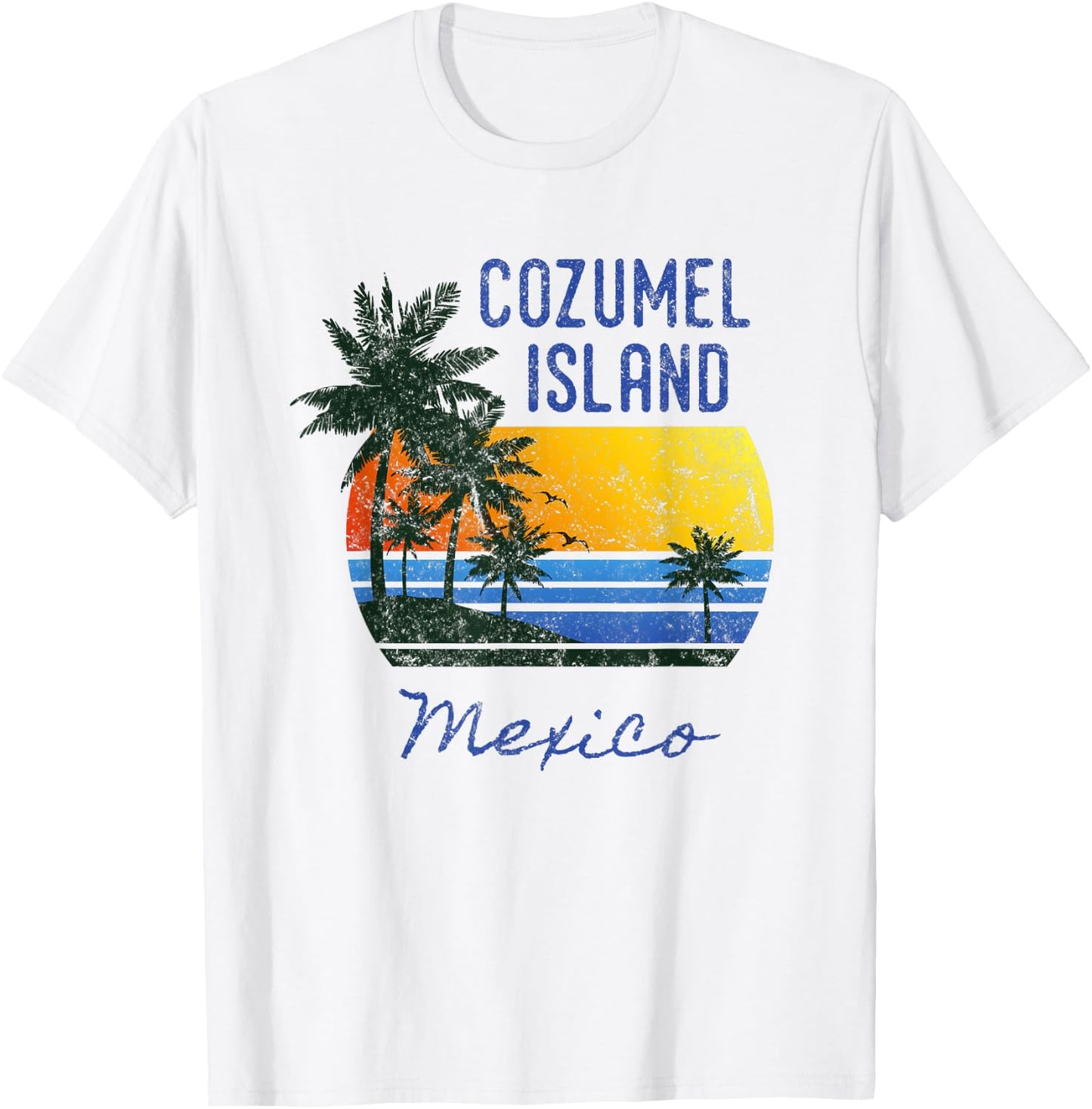 Fun Cozumel Island Mexico Beach Sunset Distressed Novelty Men Women Kids T-Shirt - T-Shirt | White