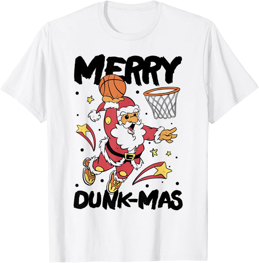 Merry Dunk-mas Sports Player Santa Christmas Basketball T-Shirt - T-Shirt | White