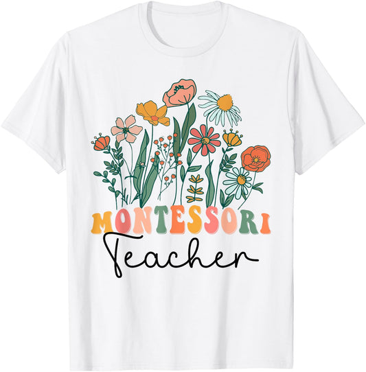 Groovy Wildflower Montessori Teacher Men Women T-Shirt - T-Shirt | White