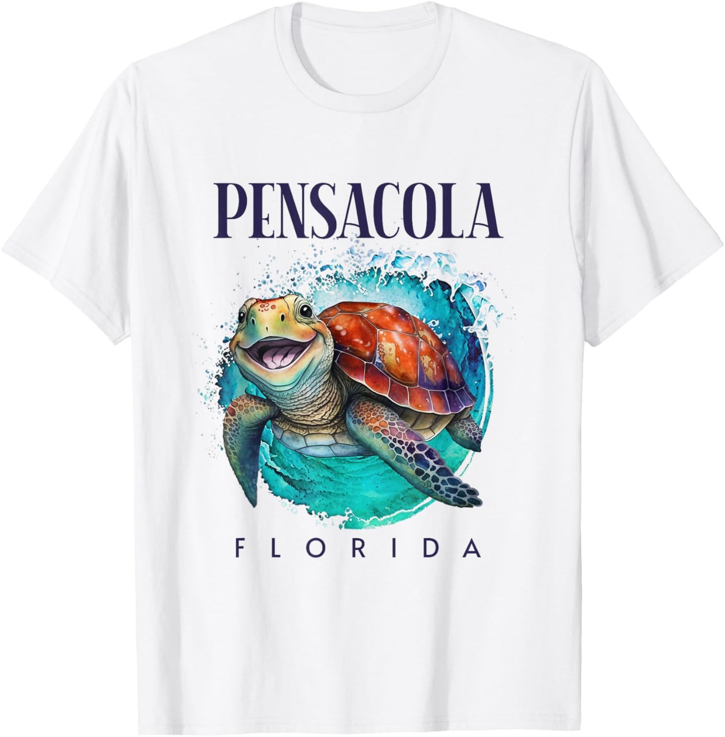 Pensacola Florida Watercolor Happy Sea Turtle T-Shirt - T-Shirt | White