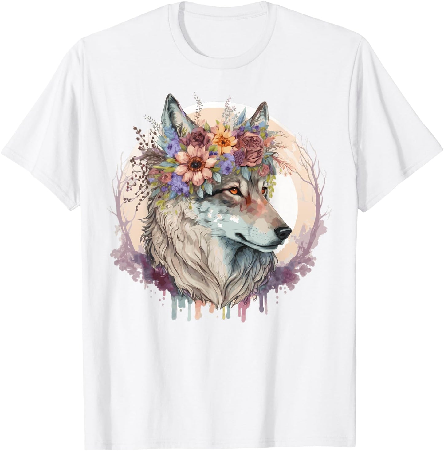 Cute Wolf Flower Crown Boho Aesthetic Animal Lovers T-Shirt - T-Shirt | White