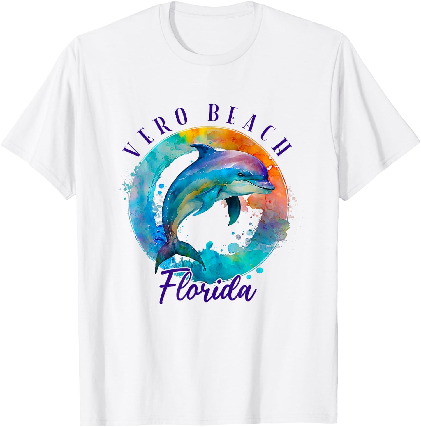 Vero Beach Florida Happy Watercolor Dolphin T-Shirt - T-Shirt | White