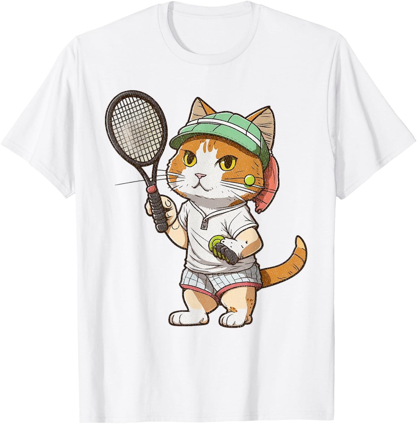 Vintage Cat Playing Tennis, Tennis Racquet, Kitties Lover T-Shirt - T-Shirt | White