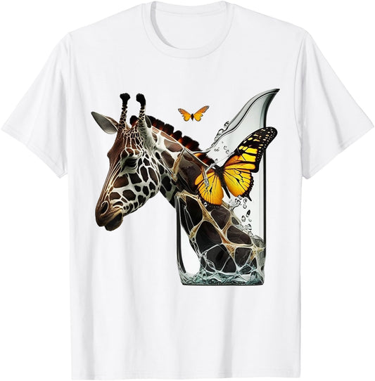 Giraffe Butterfly Art Animal T-Shirt - T-Shirt | White