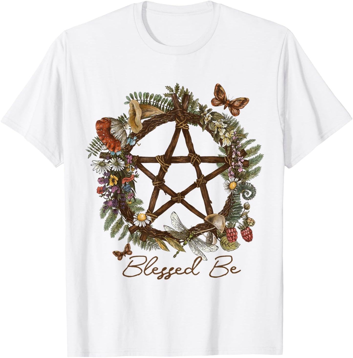 Blessed Be Floral Pentacle Witchcraft Pagan Witchy Design T-Shirt - T-Shirt | White