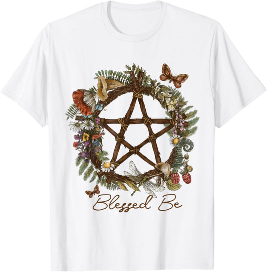 Blessed Be Floral Pentacle Witchcraft Pagan Witchy Design T-Shirt - T-Shirt | White