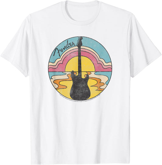 Fender Beach Guitar Sunset Outline T-Shirt - T-Shirt | White
