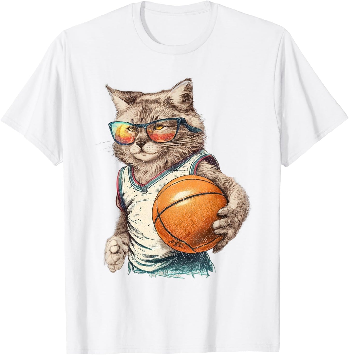Vintage Retro Cat Playing Basketball, Kitties Pet Lover T-Shirt - T-Shirt | White