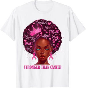 Black Women Queen Stronger Than Breast Cancer Pink Ribbon T-Shirt - T-Shirt | White