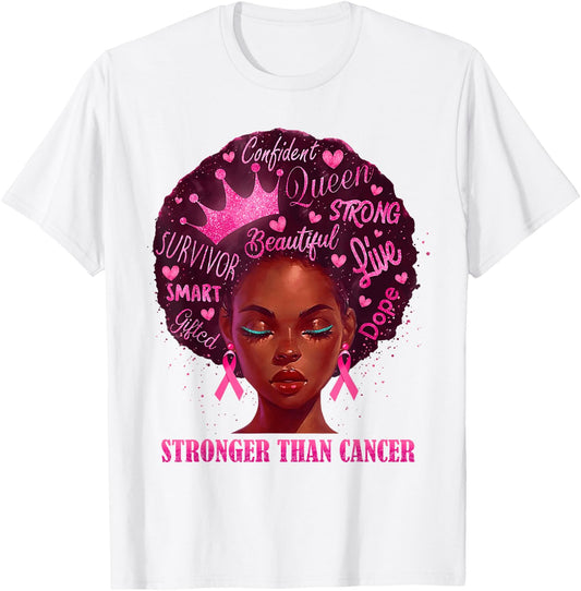 Black Women Queen Stronger Than Breast Cancer Pink Ribbon T-Shirt - T-Shirt | White