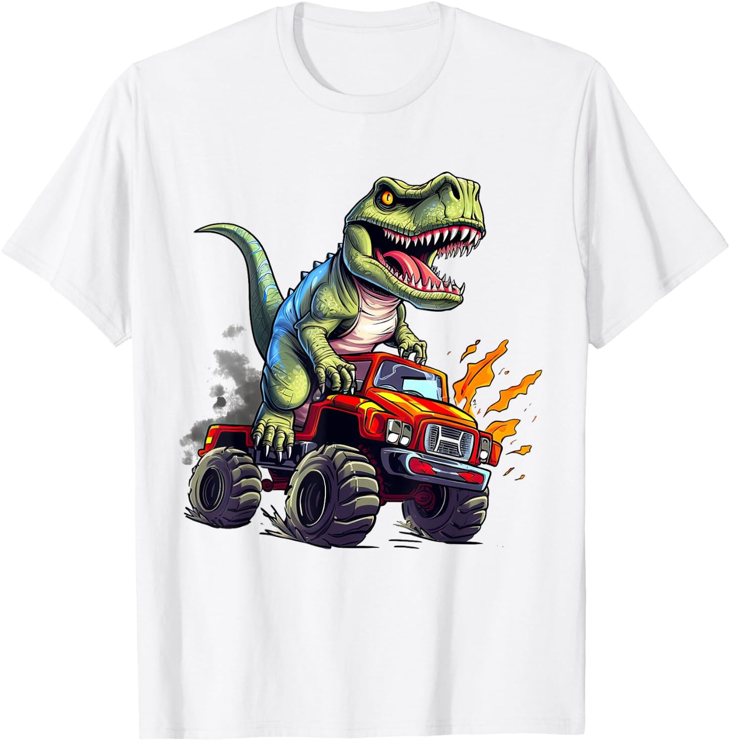 Dinosaur Riding Monster Truck Present For Boys Kids Adult T-Shirt - T-Shirt | White