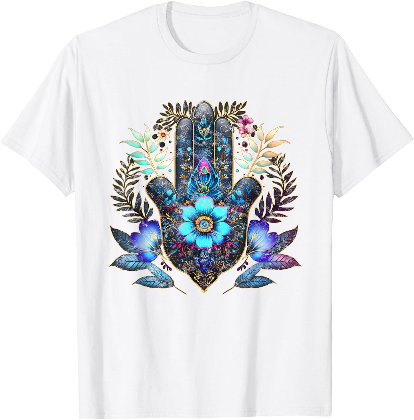 Hamsa, hand, blue, Nazar, flower, eye, charm, vintage, luck T-Shirt - T-Shirt | White