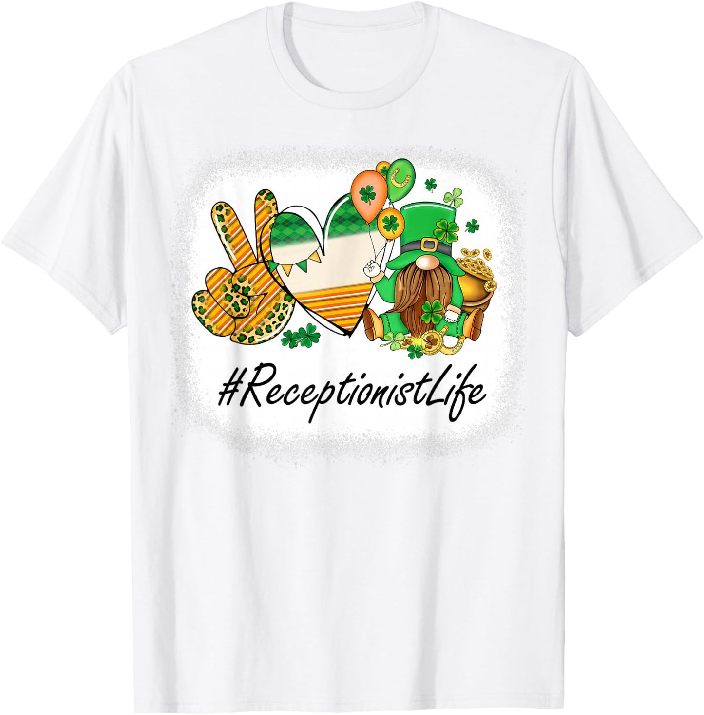 Receptionist Peace Love St Patricks Day Women Gnome T-Shirt - T-Shirt | White