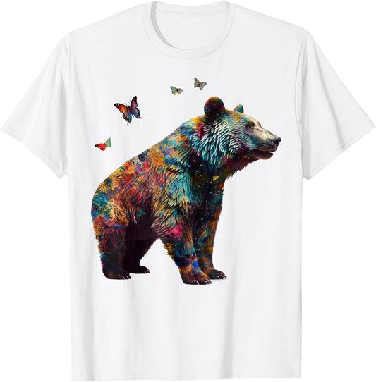 Bear Butterfly Artwork |Colorful Animal Motif Bear T-Shirt - T-Shirt | White
