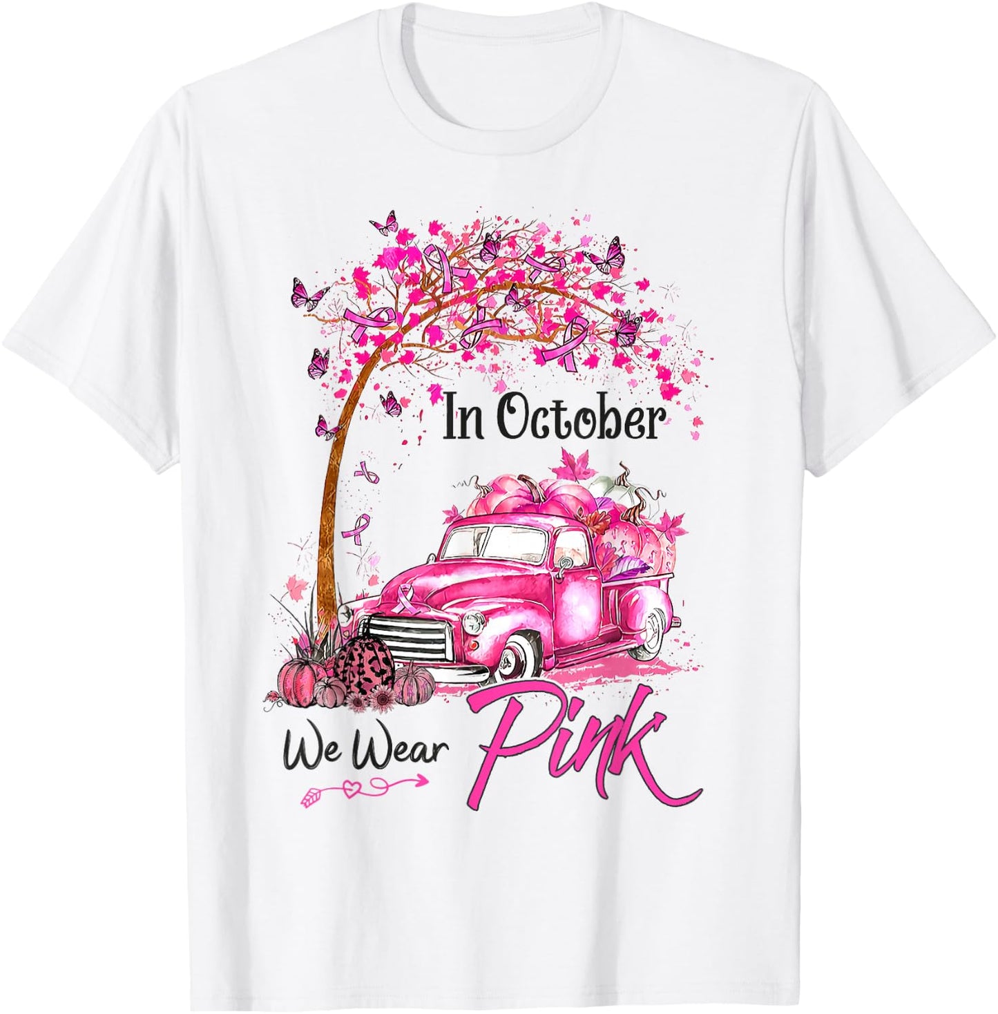 In October We Wear Pink Car Pumpkin Breast Cancer Halloween T-Shirt - T-Shirt | White