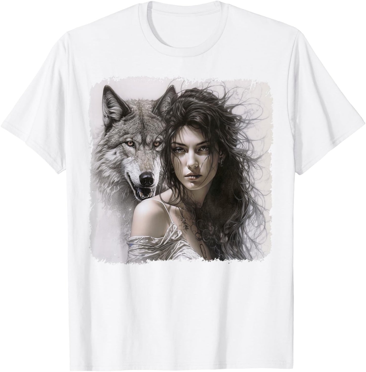 Woman with Gray Wolf Fantasy Art Painting T-Shirt - T-Shirt | White
