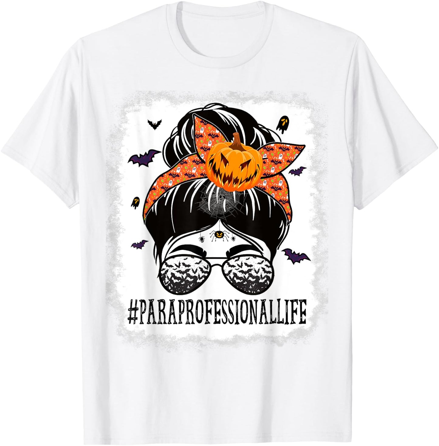 Paraprofessional Messy Bun Spooky Pumpkin Orange Halloween T-Shirt - T-Shirt | White