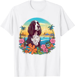 Floral Beach Vacation English Springer Spaniel Dog T-Shirt - T-Shirt | White