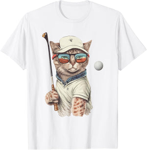 Vintage Retro Cat Playing Golf, Golfer , Kitties Lover T-Shirt - T-Shirt | White