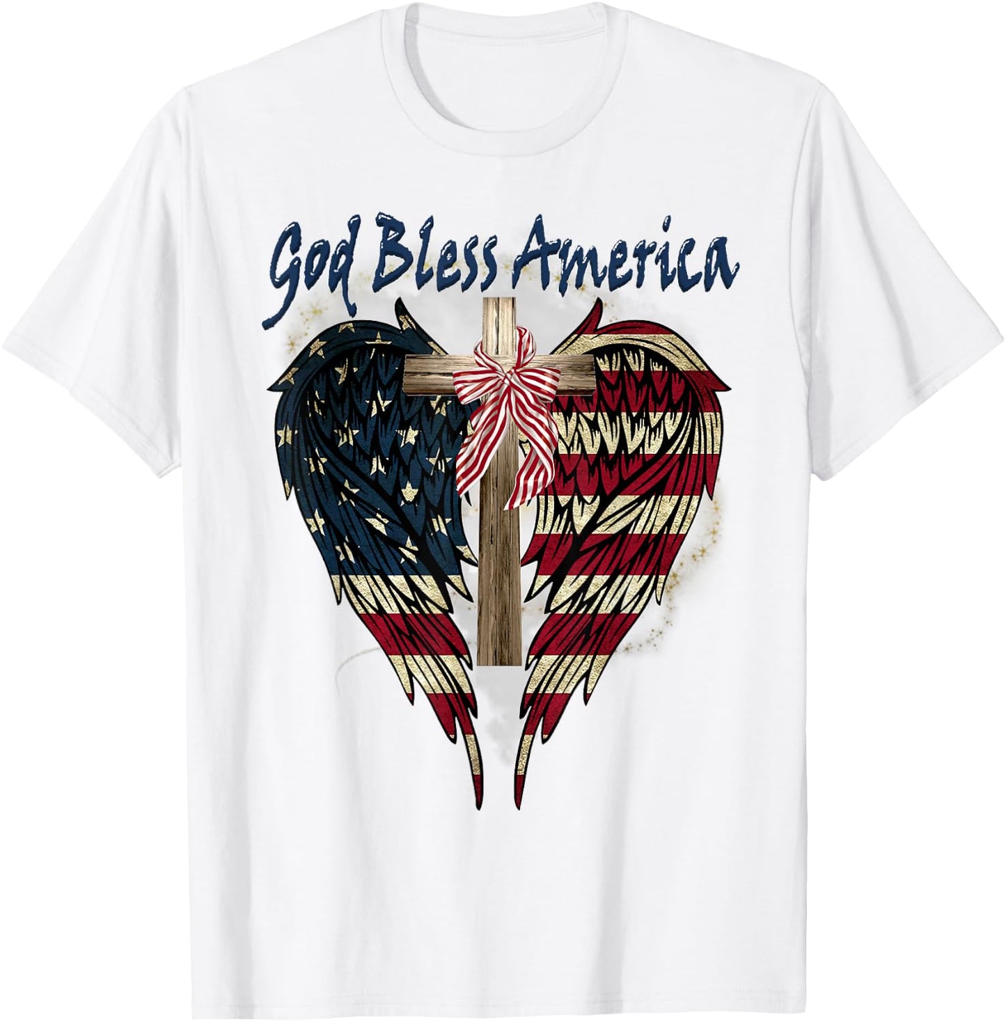 Patriotic American Flag Cross God Bless America 4th July T-Shirt - T-Shirt | White