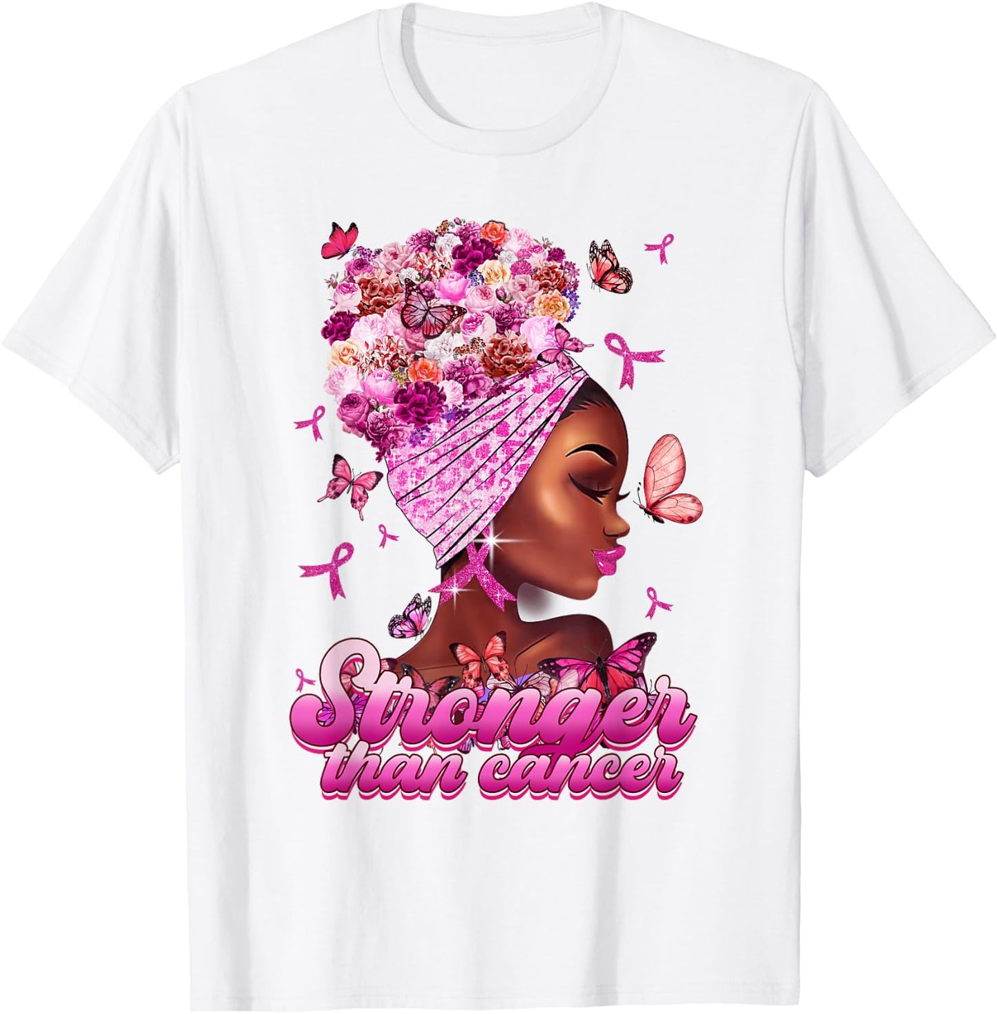 Black Women Queen Stronger Than Breast Cancer Pink Ribbon T-Shirt - T-Shirt | White