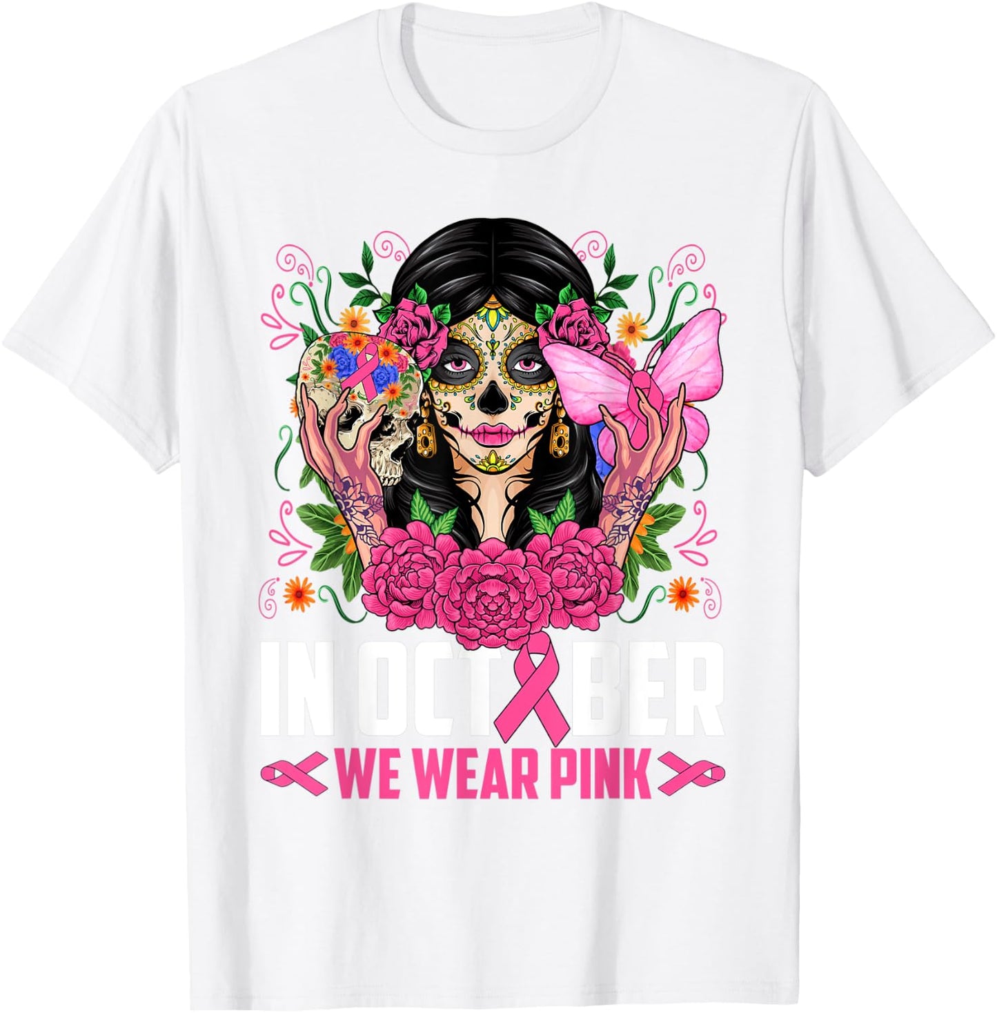 In October Wear Pink Sugar Skull Breast Cancer Halloween Day T-Shirt - T-Shirt | White