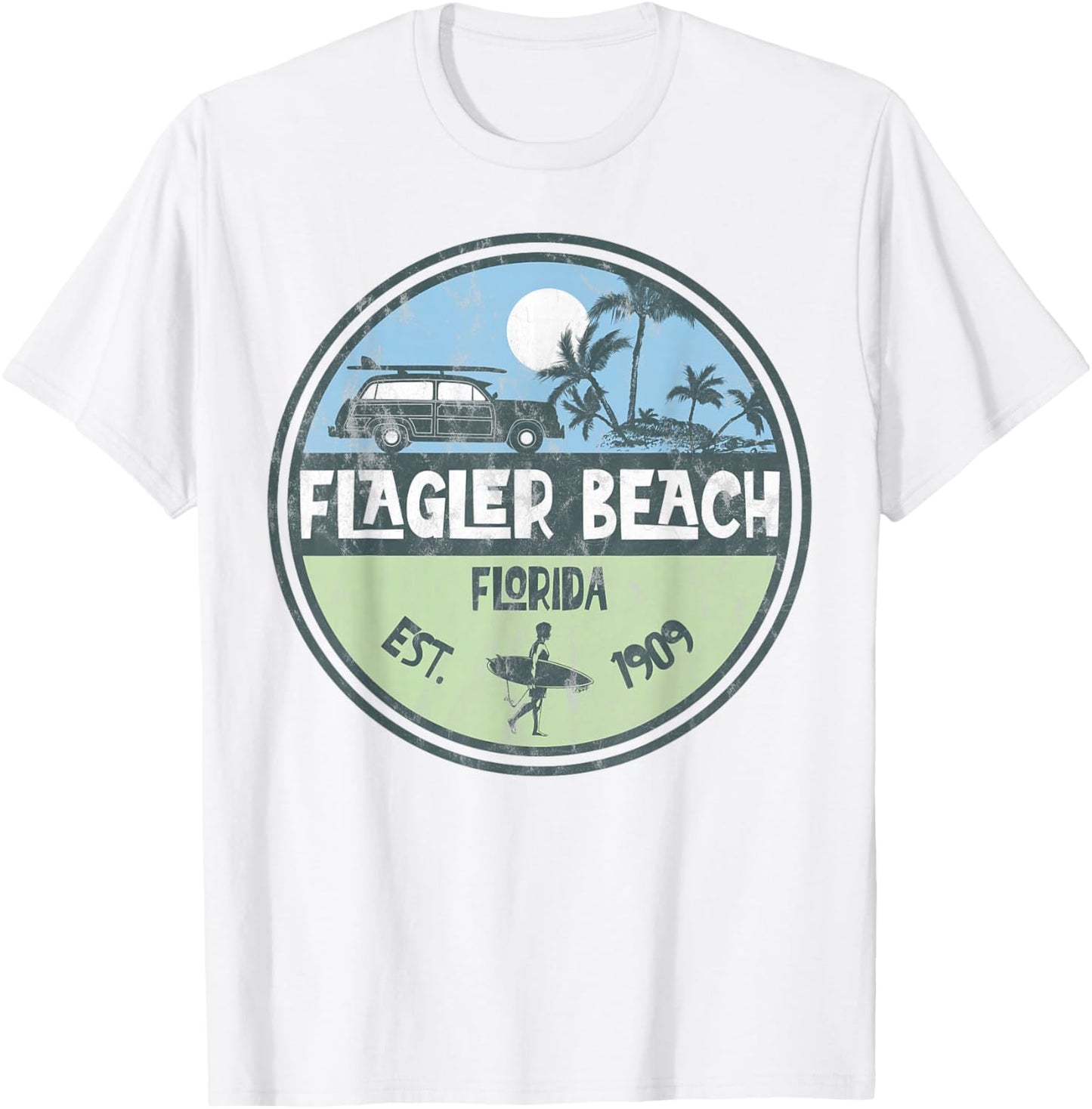 Flagler Beach Florida Wagon Beach Palms Surfer Vintage Women Kids T-Shirt - T-Shirt | White