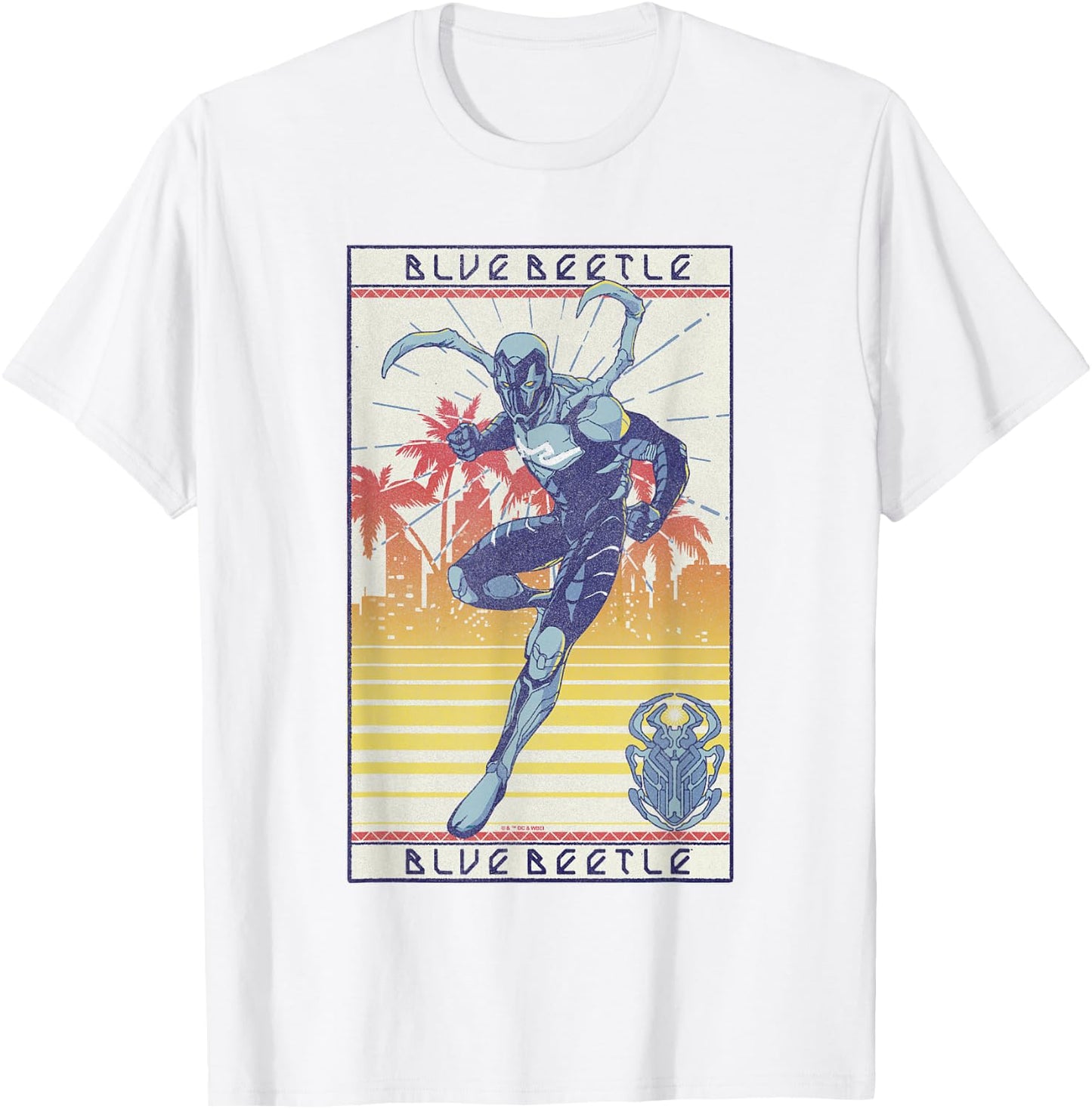 Blue Beetle Cool Pose Over Sunny City Vintage Portrait T-Shirt - T-Shirt | White