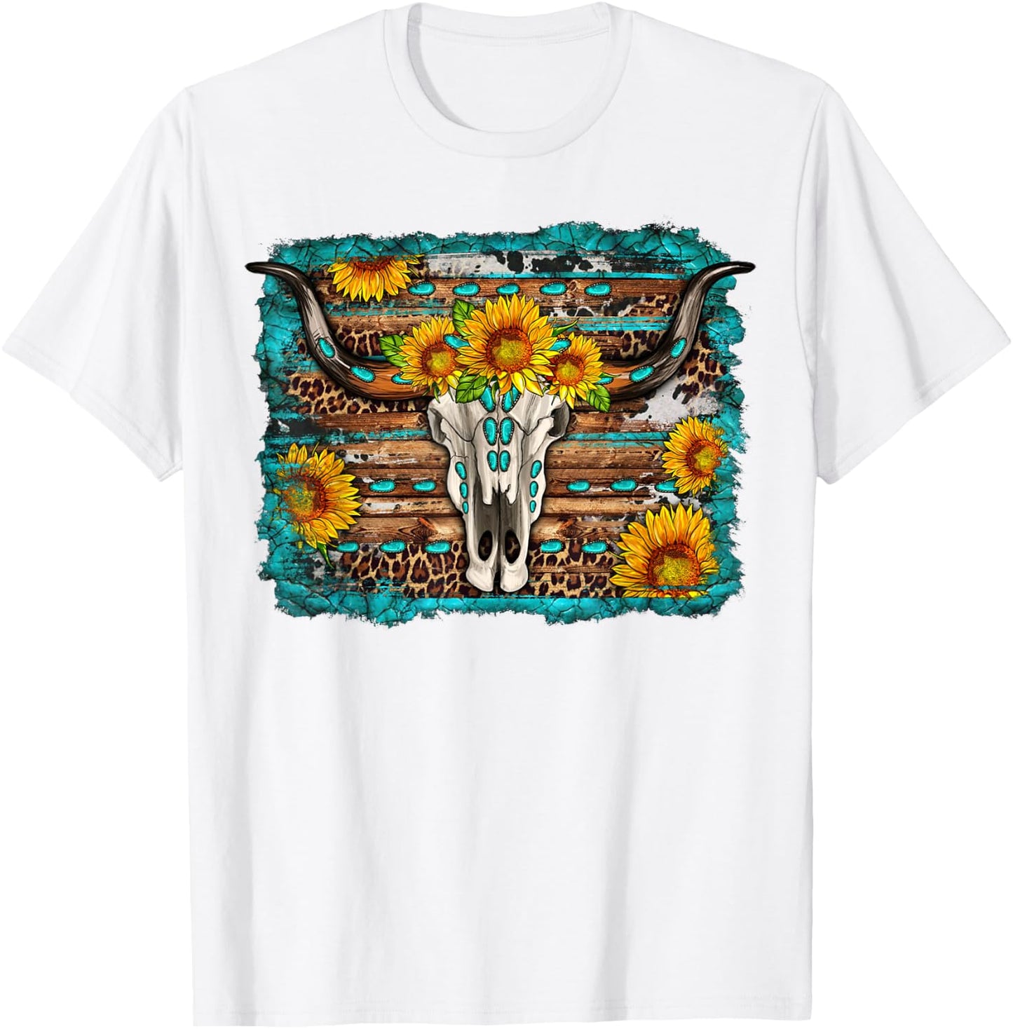 Longhorn Bull Skull Sunflower Turquoise Western Country T-Shirt - T-Shirt | White