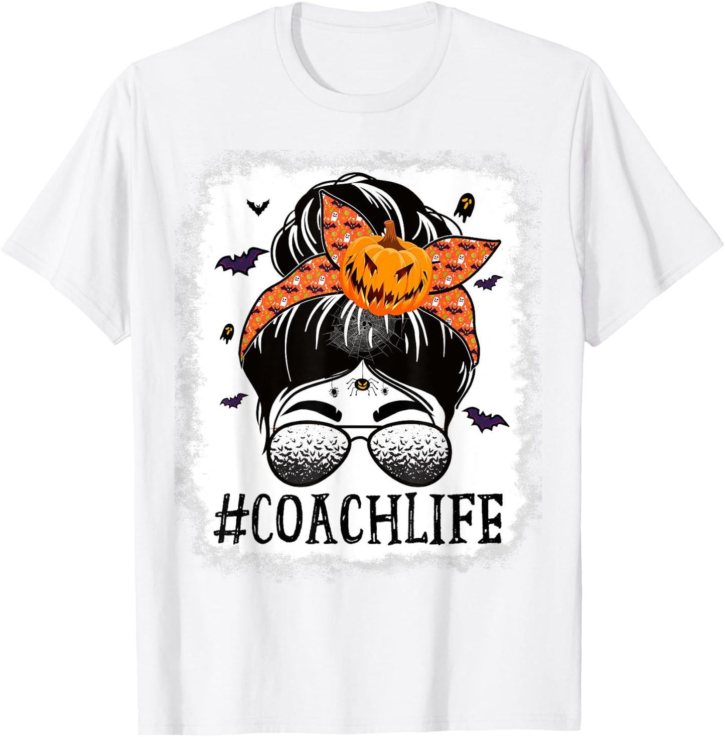 Coach Messy Bun Spooky Pumpkin Bat Orange Halloween Costume T-Shirt - T-Shirt | White