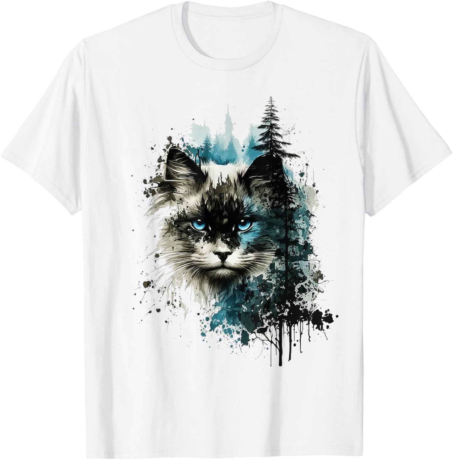 Cat Blue Eyes Cat Motif Art Forest Animal Cat T-Shirt - T-Shirt | White