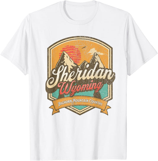 Sheridan, Wyoming Bighorn Mountain Country Logo Emblem T-Shirt - T-Shirt | White