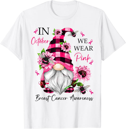 In October We Wear Pink Gnome Breast Cancer Awareness T-Shirt - T-Shirt | White