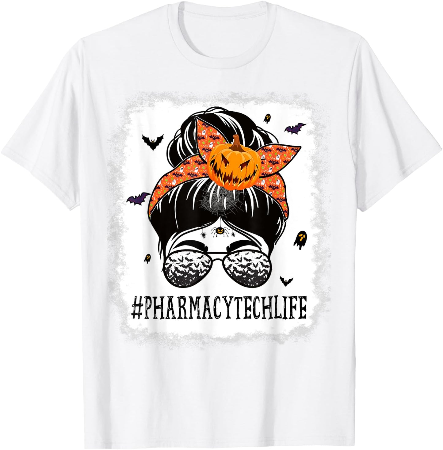 Pharmacy Tech Messy Bun Spooky Pumpkin Halloween Costume T-Shirt - T-Shirt | White