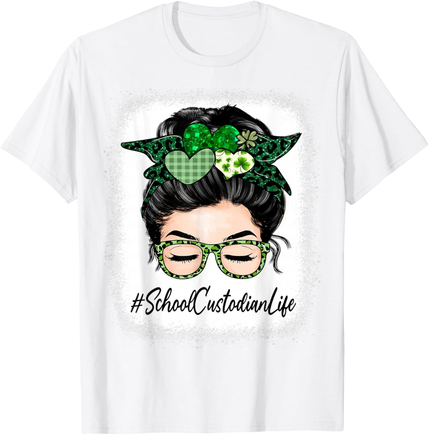 School Custodian Women Messy Bun St Patrick's Day Shamrock T-Shirt - T-Shirt | White