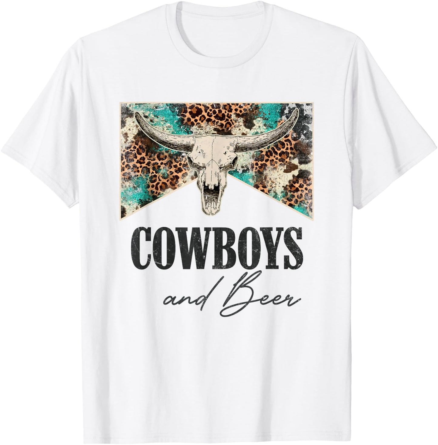 Retro Leopard Western Life Country Bull Skull Cowboys & Beer T-Shirt - T-Shirt | White