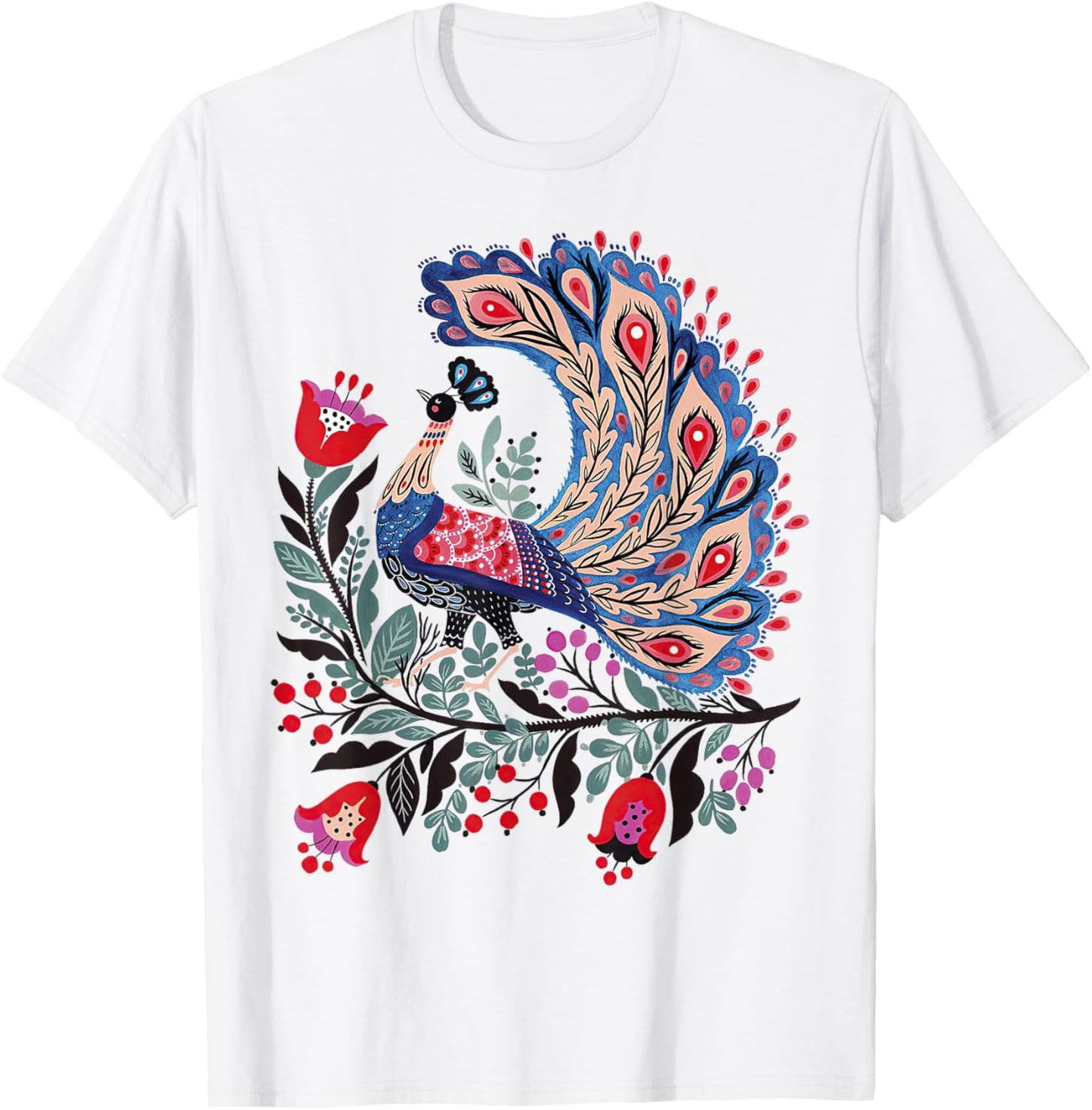 Mystical Botanical Bird Scandinavian Folk Art T-Shirt - T-Shirt | White