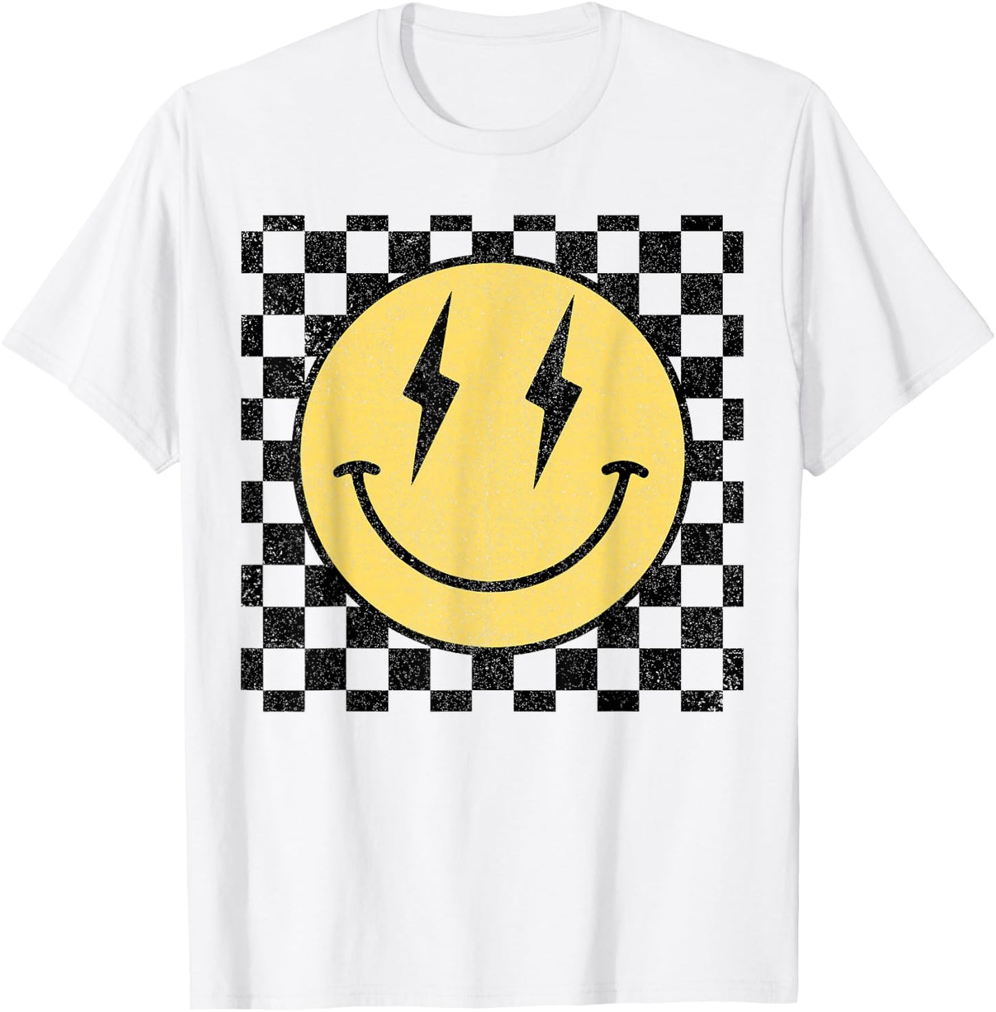 Retro Happy Face Shirt Checkered Pattern Smile Face Trendy T-Shirt - T-Shirt | White