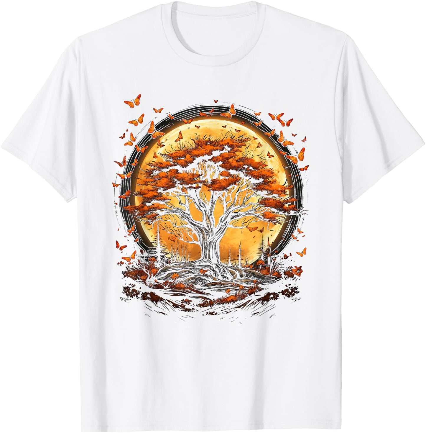 Fall Autumn falling leaves with Tree and Butterfly orange T-Shirt - T-Shirt | White