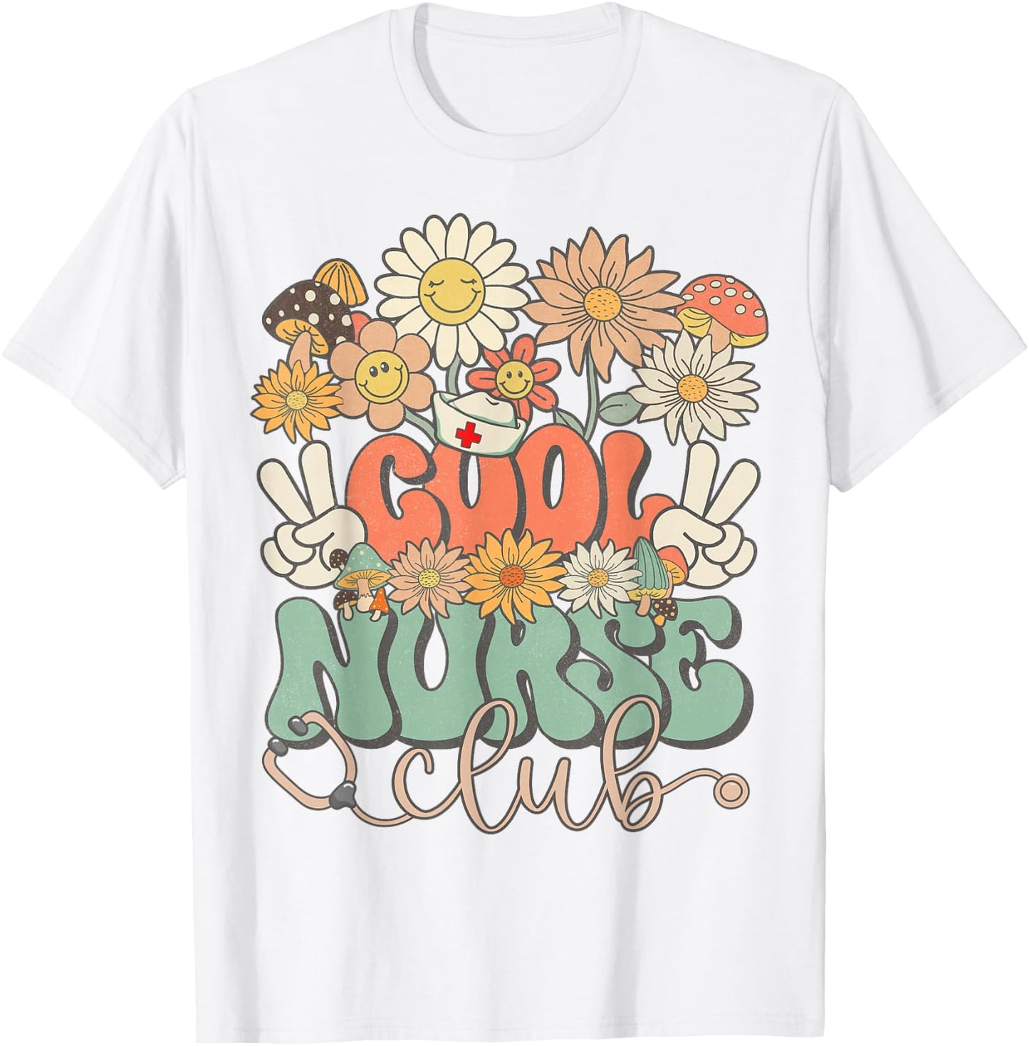 Cool Nurse Club Floral Hippie Groovy Retro Daisy Funny Nurse T-Shirt - T-Shirt | White